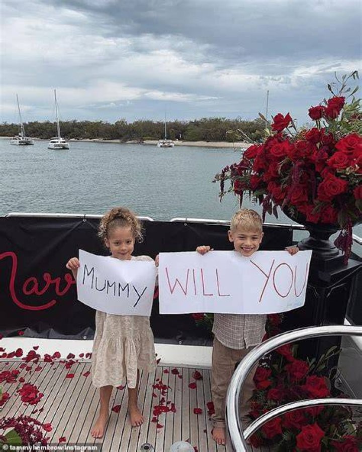 Precious:&nbsp;Matt also enlisted the help of Tammy's adorable children, Wolf, six, and Saskia, five, shared with her ex-fianc&eacute; Reece Hawkins. The youngsters looked cute as a button as they held up signs with the text, 'Mummy will you'